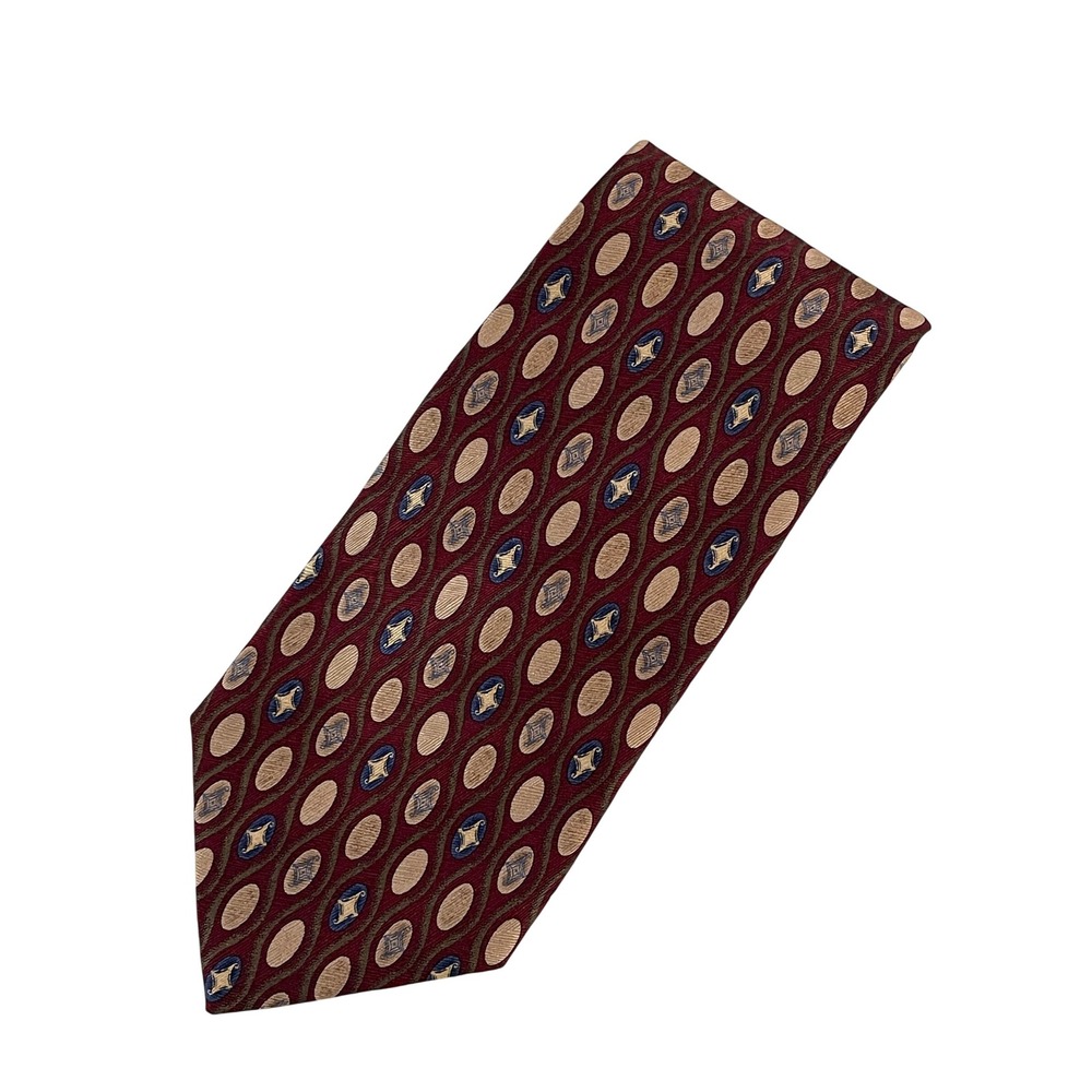 00244-JosA Bank Corporate Collection Silk Tie Burgundy Tan Blue Geometric w/ Box